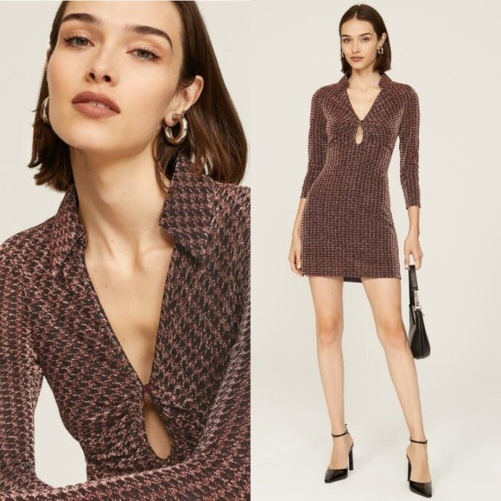 ASTR Nia Metallic Houndstooth Mini Dress XS Copper Black Vneck Jersey Stretch